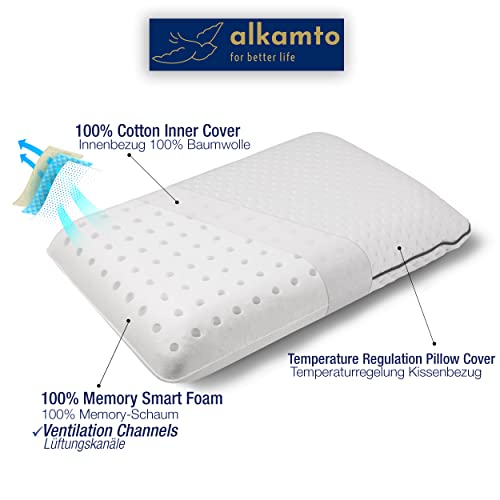 alkamto Travel Pillow-Camping Pillow-Orthopedic Neck Support Memory Foam Pillow with Temperature Regulating Pillowcase-Extra Cotton Cover-Carry Bag-Small pillow for travel (White, 40x25x10 cm)