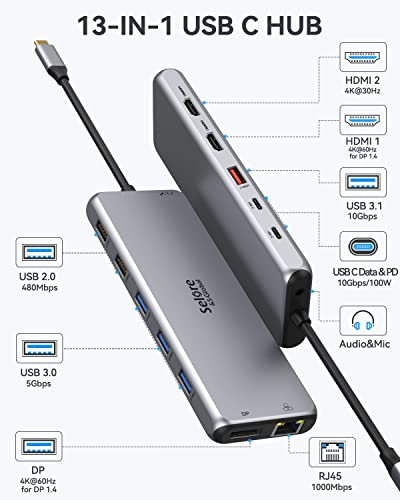 USB C Docking Station Dual Monitor,13 in 1 Multiple Monitor Adapter with 2 HDMI, DP, USB 3.1, 5*USB A, 2*USB C,Ethernet,Audio,USB C Hub Dual HDMI,Dual Monitor Adapter for MacBook/Dell/HP/Lenovo Laptop