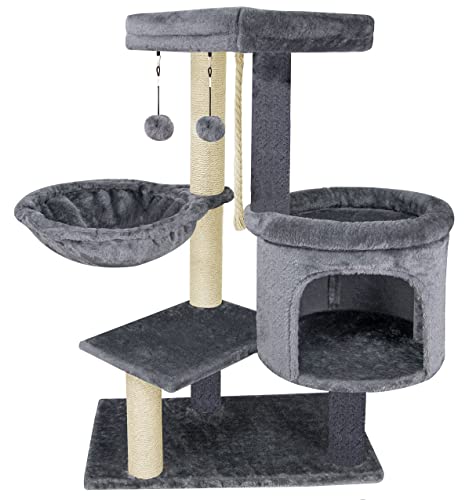 Youpet Fashion Design Cat Tree with Cat Condo Hammock and Two Replacement Hanging Balls,Grey