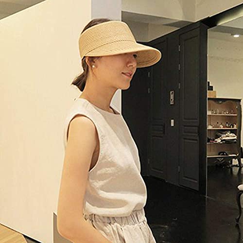 Soddeph Beach Hats for Women Wide Brim Roll-up Foldable Straw Sun Hat Visors Summer (Beige)