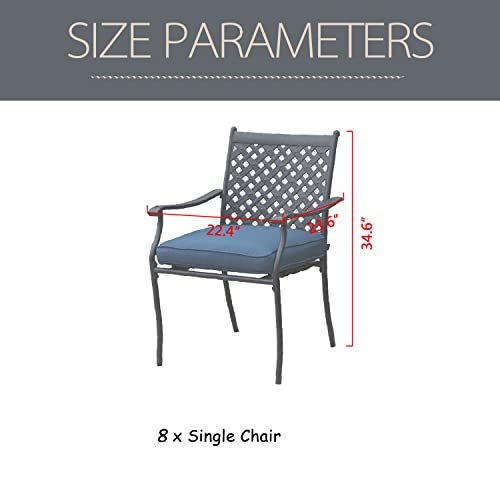 LOKATSE HOME 8 Piece Outdoor Patio Dining Chair Set Metal Furniture with Arms and Seat Cushions, Blue