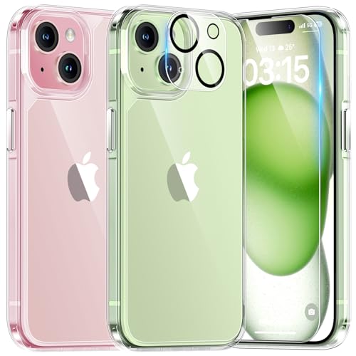 TAURI for iPhone 15 Case, [5 in 1] 1X Clear Case [Not-Yellowing] with 2X Tempered Glass Screen Protector + 2X Camera Lens Protector, [Military-Grade Drop Protection] Slim Phone Case 6.1 Inch