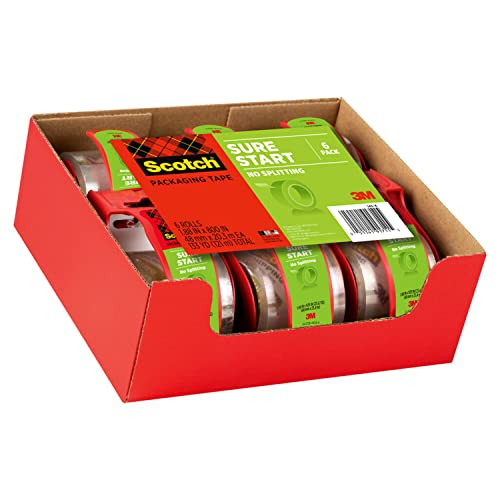 Scotch Sure Start Shipping Packaging Tape, 1.88" x 22.2 yd, Designed for Packing, Shipping and Mailing, Quiet Unwind, No Splitting or Tearing, 1.5" Core, Clear, 6 Dispensered Rolls (145-6)