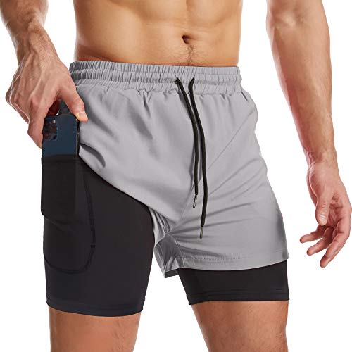 Surenow Mens 2 in 1 Running Shorts Quick Dry Athletic Shorts with Liner, Workout Shorts with Zip Pockets and Towel Loop, Light Grey, Medium