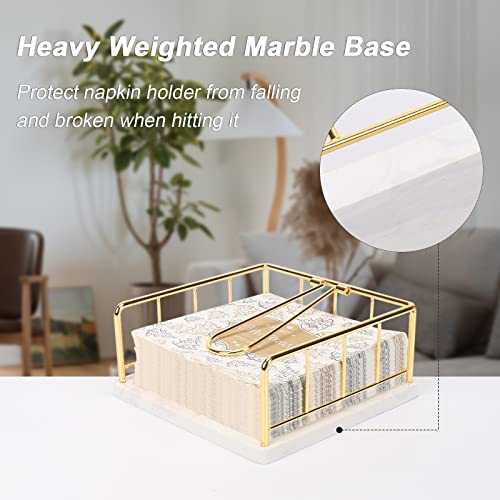 Livabber Flat Napkin Holder with Marble Base, All Metal Kitchen Napkin Holder with Weighted Tension Arm Rustic Tissue Paper Dispenser for Countertop, Table Kitchen, Dining Room (Gold)