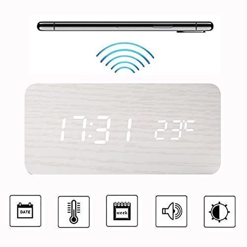 Wooden Digital Alarm Clock with Wireless Charging, 3 Alarms LED Display, Sound Control and Snooze Dual，Adjustable Brightness, Time Temperature (White)