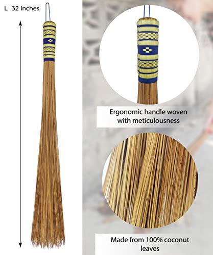 1 Piece of 32 inch Multi-Surface Sturdy Outdoor Authentic Coconut Leaf Broom Asian Heavy Duty Broom Thai Natural Coconut Leaf Broom (Country Rustic)