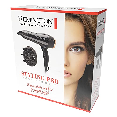 Remington Styling Pro 2150 Hair Dryer, D5950XAU, 2150W (AU Plug), Shiny Salon Finish, Ceramic Ionic Technology With tourmaline For Less Frizz, Includes Concentrator & Diffuser, Black & Rose Gold