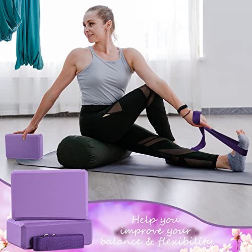 Outus 20 Pack Yoga Block and Yoga Strap Set 10 Pcs Non-Slip Yoga Blocks with 10 Pcs Metal D Ring Yoga Strap Stretching Exercise Workout Fitness Yoga Accessories EVA Foam Yoga Blocks for Gym (Purple)