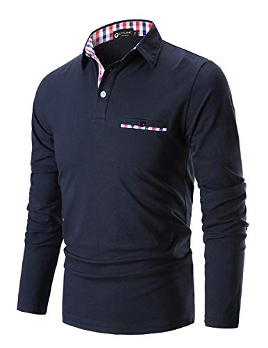 STTLZMC Mens Long Sleeve Poloshirt Contrast Plaid Collar Slim Fit Tennis Tops Shirt,Navy,M
