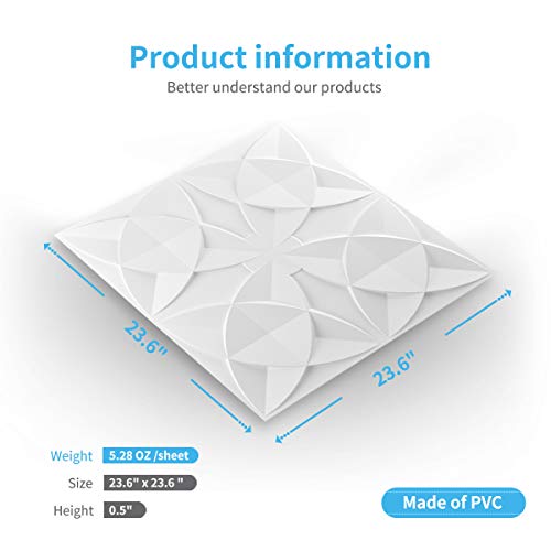 Art3d PVC Drop Ceiling Tiles, Easy Glue-up Panels for Ceiling, Wall Decoration, 60x60 CM, 12 Pcs, White Floral