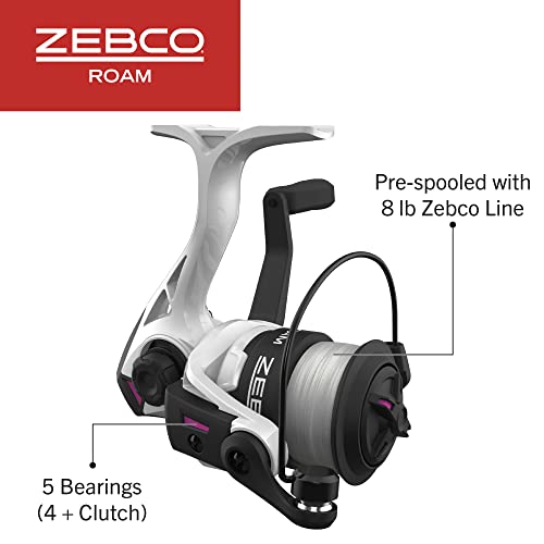 Zebco Roam Spinning Reel and 2-Piece Fishing Rod Combo, Durable Fiberglass Rod with ComfortGrip Handle, Right or Left-Hand Interchangeable Retrieve, Pink