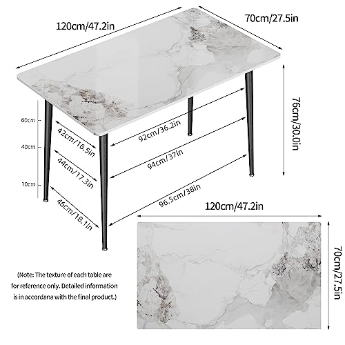 Kitchen Dining Table Marble Tabletop: Rectangular 120cm Modern Sintered Stone Cold Jadeite Pattern High Gloss Marble Effect Top Dinner Tables 4 Seater with Tapered Metal Legs Living Room Furniture