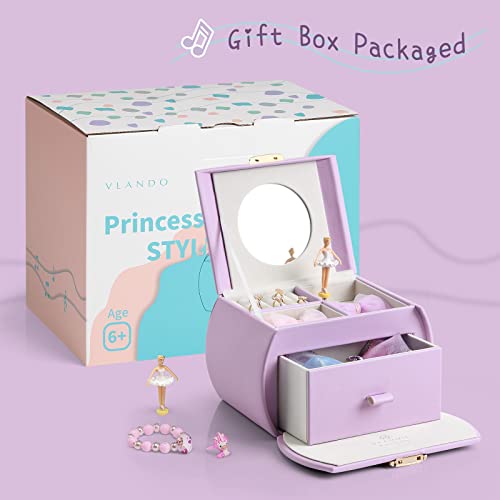 Vlando Musical Jewelry Box for Girls Kids with Drawer, Music Box with Ballerina and Stickers for Birthday Bedroom Decor, Purple