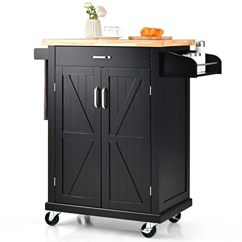 Giantex Kitchen Cart w/Rubber Wood Top, Movable Kitchen Island with 1 Deep Drawer & 2-Door Cabinet, Spice Rack & Towel Bar, Rolling Serving Cart for Kitchen, Dining Room, Bar (Black)