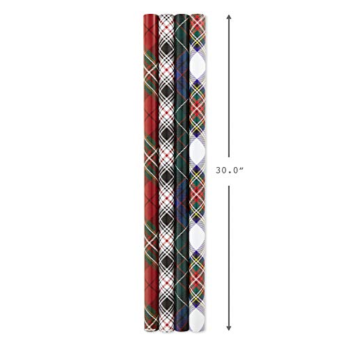 Hallmark Christmas Wrapping Paper Bundle with Cut Lines on Reverse, Plaid (Pack of 4, 120 sq. ft. TTL) Red and Black, Green and Blue, Red and Green Plaid, 4 Pack
