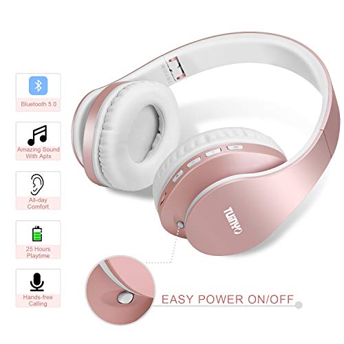 Bluetooth Headphones,TUINYO Wireless Headphones Over Ear with Microphone, Foldable & Lightweight Stereo Wireless Headset for Travel Work TV PC Cellphone-Rose Gold