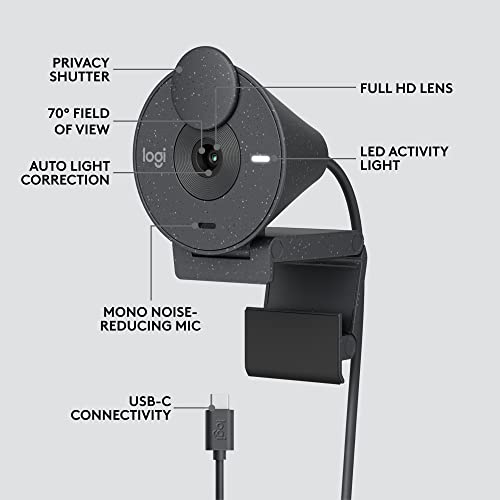 Logitech Brio 300 Full HD Webcam with Privacy Shutter, Noise Reduction Microphone, USB-C, Ceritified for Zoom, Microsoft Teams, Google Meet, Auto Light Correction - Graphite