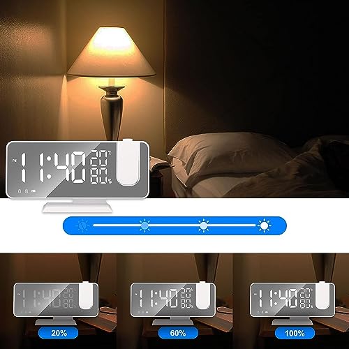 Projection Digital Alarm Clock for Bedroom, Beedove FM Radio Alarm Clock, Dual Alarm Clock with 3 Dimmer,Snooze,Timer,180°Rotatable Ceiling Projection Alarm Clock for Home Decor, Desk, Office, White
