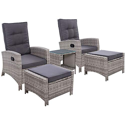 Gardeon Recliner Chairs 5 Piece Wicker Sun Lounger Reclining, Outdoor Lounge Setting Patio Furniture Bistro Set Garden, with Coffee Table Cushions Ottoman Adjustable Backrest Glass Tabletop Grey