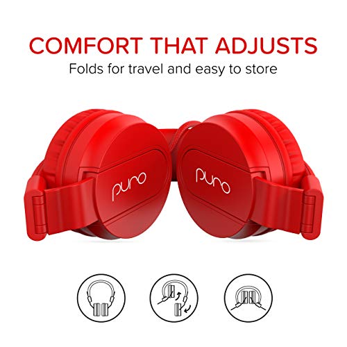 PuroBasic Volume Limiting Wired Headphones for Kids, Boys, Girls 2+ Foldable & Adjustable Headband, Compatible with iPad, iPhone, Android, PC & Mac – by Puro Sound Labs (Red)