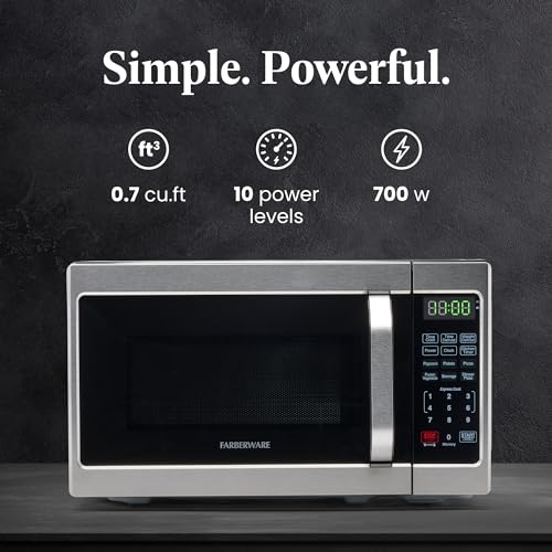 Farberware Countertop Microwave 700 Watts, 0.7 Cu. Ft. - Microwave Oven With LED Lighting and Child Lock - Perfect for Apartments and Dorms - Easy Clean Stainless Steel