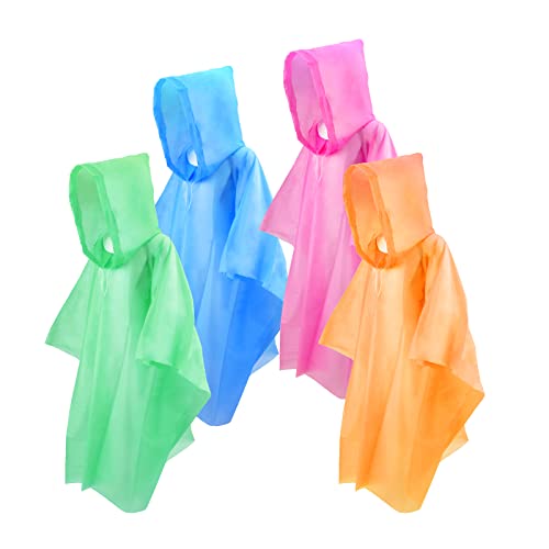 Beedove Rain Poncho for Kids, 4 PCS Waterproof Rain Hooded Poncho, Lightweight Reusable Foldable Long Clear Raincoat for Children