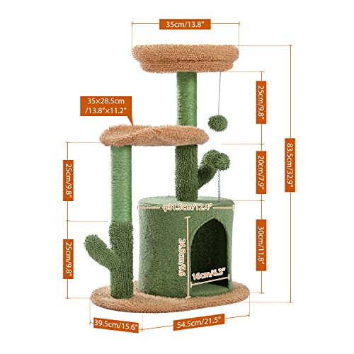 PAWZ Road Cat Tree Cactus Cat Tower with Sisal Covered Scratching Post, Cozy Condo, Plush Perches and Fluffy Balls for Indoor Cats 83.5cm
