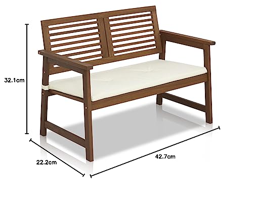 Furinno Tioman Hardwood Outdoor Bench in Teak Oil with White Cushion