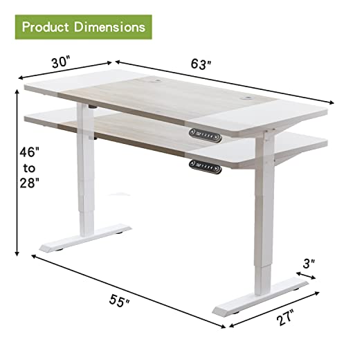 Radlove Electric Height Adjustable Standing Desk, 63x 30 Inches Stand Up Desk Workstation, Splice Board Home Office Computer Standing Table Ergonomic Desk (White+ Oak, 63x30'')