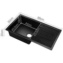 Cefito Stone Kitchen Sink 86 x 50cm Single Bowl Black Sinks Granite, Laundry Bathroom Home Basin, Handmade Heavy Duty Drain Board Include Waste Strainer