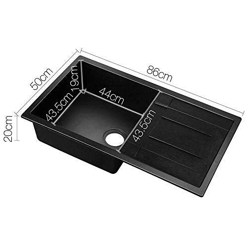 Cefito Stone Kitchen Sink 86 x 50cm Single Bowl Black Sinks Granite, Laundry Bathroom Home Basin, Handmade Heavy Duty Drain Board Include Waste Strainer