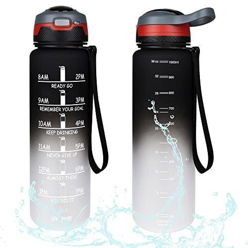 1L/32OZ Water Bottle,AIRABLE Motivational Water Bottle with Straw&Time Marker,Reusable Leakproof BPA Free WaterJug,Large Capacity Drinking Bottle for Fitness and Outdoor Enthusiasts Gradient Black