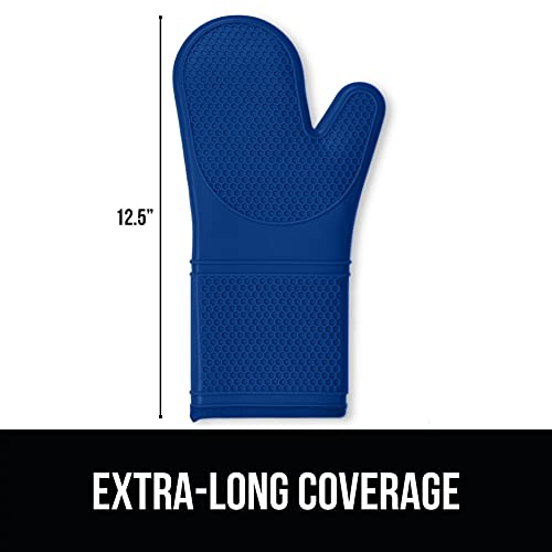 Gorilla Grip Heat and Slip Resistant Silicone Oven Mitts Set, Soft Cotton Lining, Waterproof, BPA-Free, Long Flexible Thick Gloves for Cooking, BBQ, Kitchen Mitt Potholders, 12.5 in, Blue