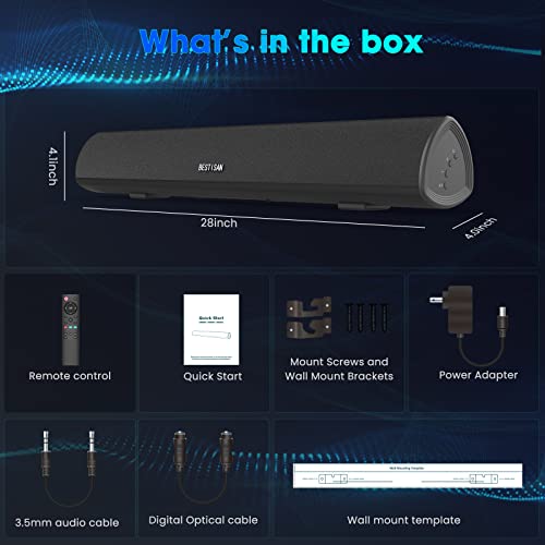 Soundbar, MEGACRA TV Sound Bar with Dual Bass Ports Wired and Wireless Bluetooth 5.0 Home Theater System (28 Inch, Enhanced Bass Technology, 3-Inch Drivers, Bass Adjustable, Wall Mountable, Dsp)