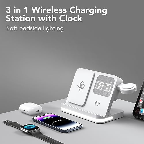 3 in 1 Charging Station Compatible for Apple Devices Alarm Clock with Wireless Charging Station Charger for Apple Watch Ultra 9 8 7 SE 6 5 iPhone 15 14 13 12 11 Pro Max 8 Airpod Samsung/Google