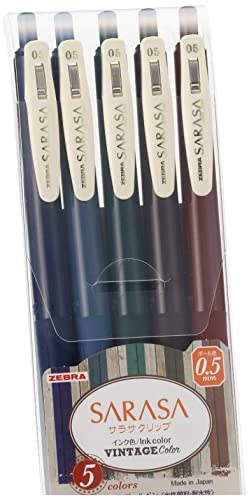 ZEBRA Sarasa Clip Gel Ink Ballpoint Pen 0.5mm, Rubber Grip, Vintage Colors, 5 Colors Set (JJ15-5C-VI)