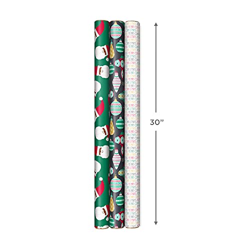 Hallmark Christmas Wrapping Paper for Kids with Cut Lines on Reverse (3 Rolls: 120 Sq. Ft. Ttl.) Multicultural Santa Claus"Merry Christmas" in Red, Green and Yellow Tri-Pack Red, Green, Yellow, Black, White 0005JXW1207