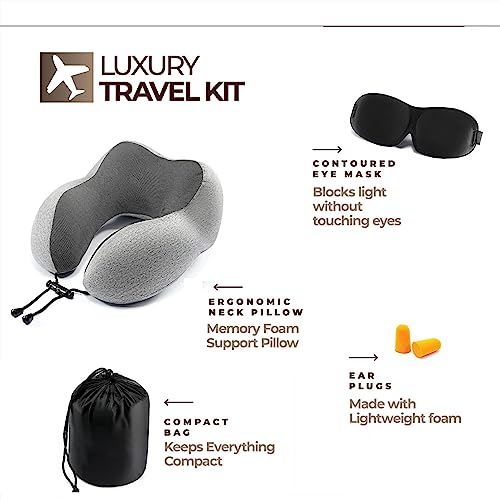Airplane Neck Pillow Includes Travel Pillow + Eye Masks + Earplugs for Travel, 100% Pure Memory Foam Travel Pillow, 3 Pc Travel Kit