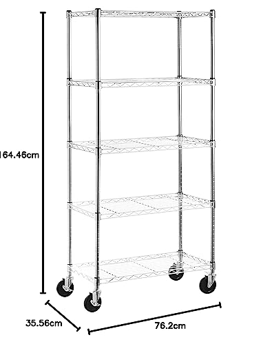 Amazon Basics 5-Shelf Adjustable, Heavy Duty Storage Shelving Unit on 4'' Wheel Casters, Metal Organizer Wire Rack, Chrome (76.2L x 35.56W x 164.47H) cm