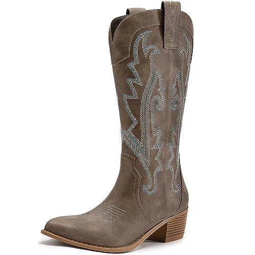 Athlefit Women's Embroidered Western Cowboy Boots Fashion Pointed Toe Chunky Heel Mid Calf Cowgirl Boots, Brown, 10