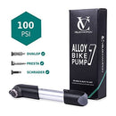 VeloChampion Frame Mounted Alloy 7 Mini Bike Pump Fits Presta (SV) Schrader (AV) Dunlop (DV) 100 PSI. Portable, Compact, Durable and Easy to Use