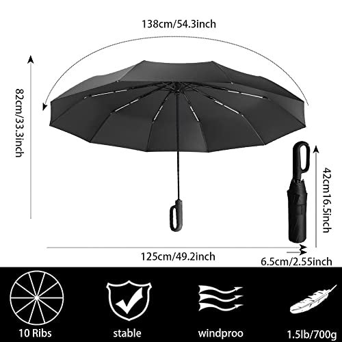 Extra Large Windproof Travel Folding Golf 54‘’ Umbrella Compact Automatic Open/Close,Sun/Rain,99 UV Protection,Lightweight Portable Parasol Outdoor,Perfect Carabiner Handle Design(Black)