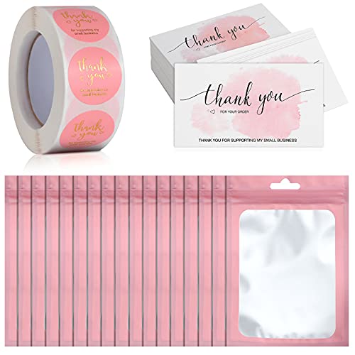 620 Pieces Thank Cards and Stickers Set Gold Foil for Supporting My Small Business with Resealable Packaging Bag, Suitable Owners(Pink)