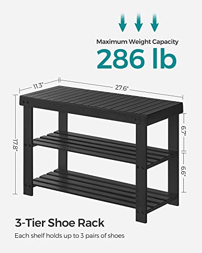 SONGMICS Shoe Rack Bench, 3-Tier Bamboo Shoe Storage Organizer, Entryway Bench, Holds Up to 286 lb, 11.3 x 27.6 x 17.8 Inches, for Entryway Bathroom Bedroom, Black ULBS04H