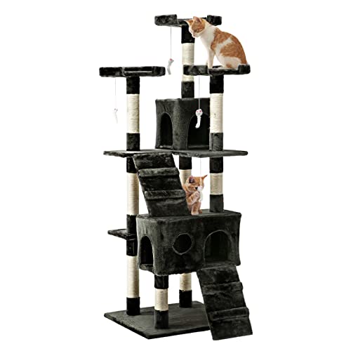 i.Pet Cat Tree Large Cats Tower Ultimate Scratching Post, 180cm Height Grey Pet Scratcher Cardboard Posts Indoor Kittens Wooden Play House Towers and Trees Corner Toys, with Condo Ladder Hanging Toy