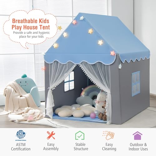 HONEY JOY Kids Play Tent, Large Playhouse with Star Ornaments, Washable Mat, Windows, Indoor Outdoor Princess Tent for Boys & Girls, Children Castle Fairy Tent, Holiday Birthday Gift (Blue)