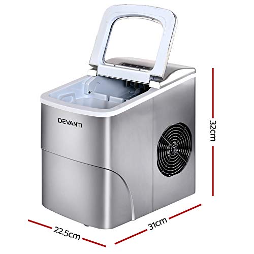 Devanti Ice Maker Machine, 2L 12KG Stainless Steel Portable Countertop Icemaker Cube Makers Commercial Home Office Kitchen Appliances, Electric Fast Freeze with Scoop and Removable Basket Silver