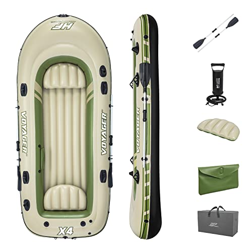 Bestway Hydro-Force Voyager X4 Inflatable 4 Person Water Raft Outdoor Floating Boat Set | Includes Inflatable Boat, Aluminum Oars, Hand-Pump and Carry Bag