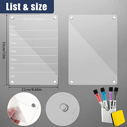 2Pcs Acrylic Magnetic Calendar for Fridge, 13"x8.7" Reusable Clear Dry Erase Whiteboard Calendar with 4 Pens and Eraser, Monthly and Weekly Non-slip Meal Planner Board for Refrigerator (B)